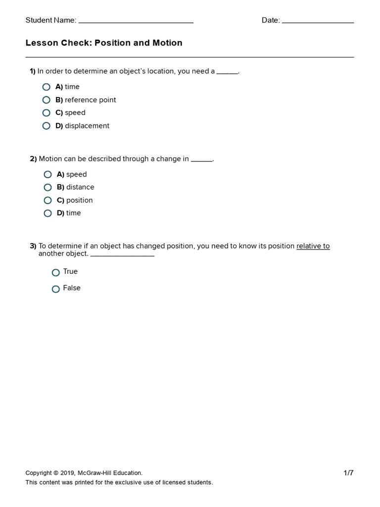 Lesson Check - Position and Motion | PDF | Speed | Physics