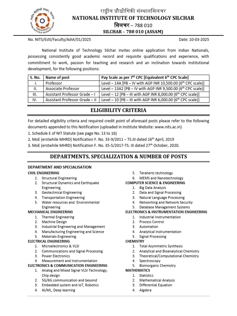 NIT Silchar Faculty Recruitment 2025 | PDF | Engineering