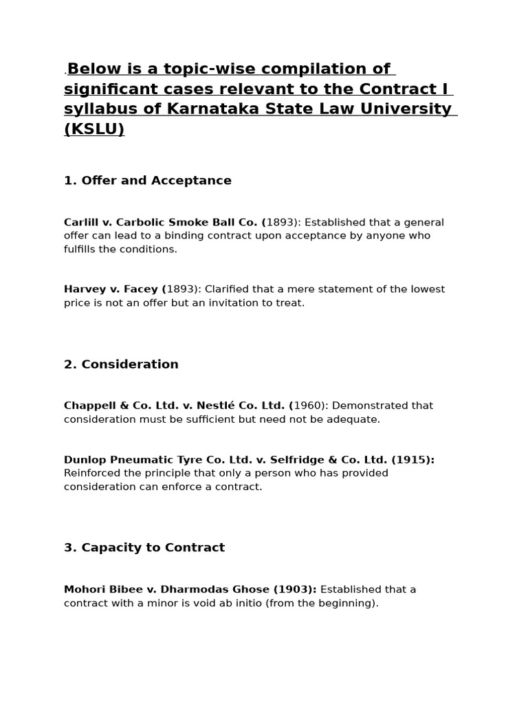 Key Contract Law Cases for KSLU | PDF