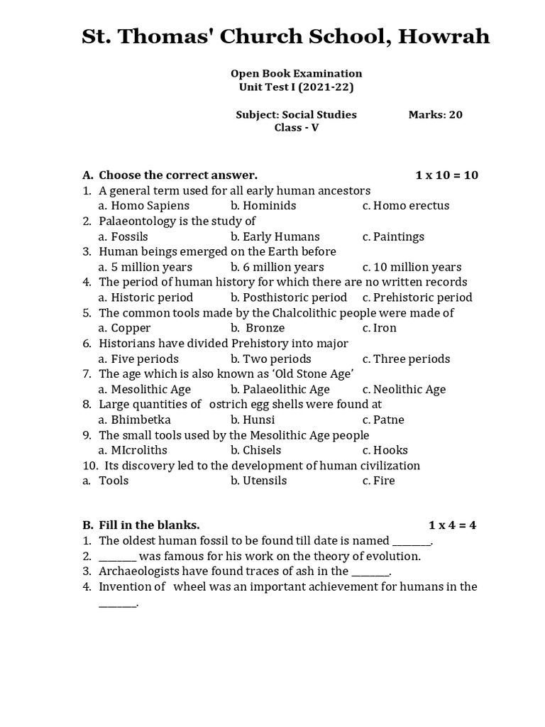 Class 5 SST Unit Test: Early Humans | PDF