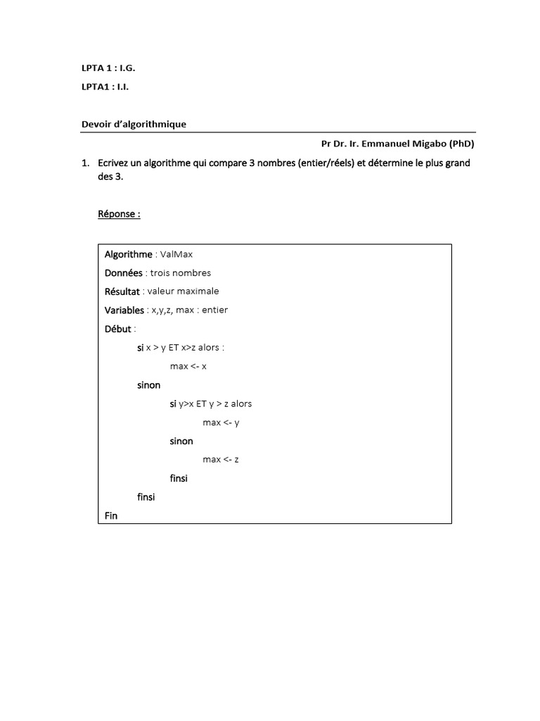 Algorithmes pour Comparer Nombres et Mots | PDF