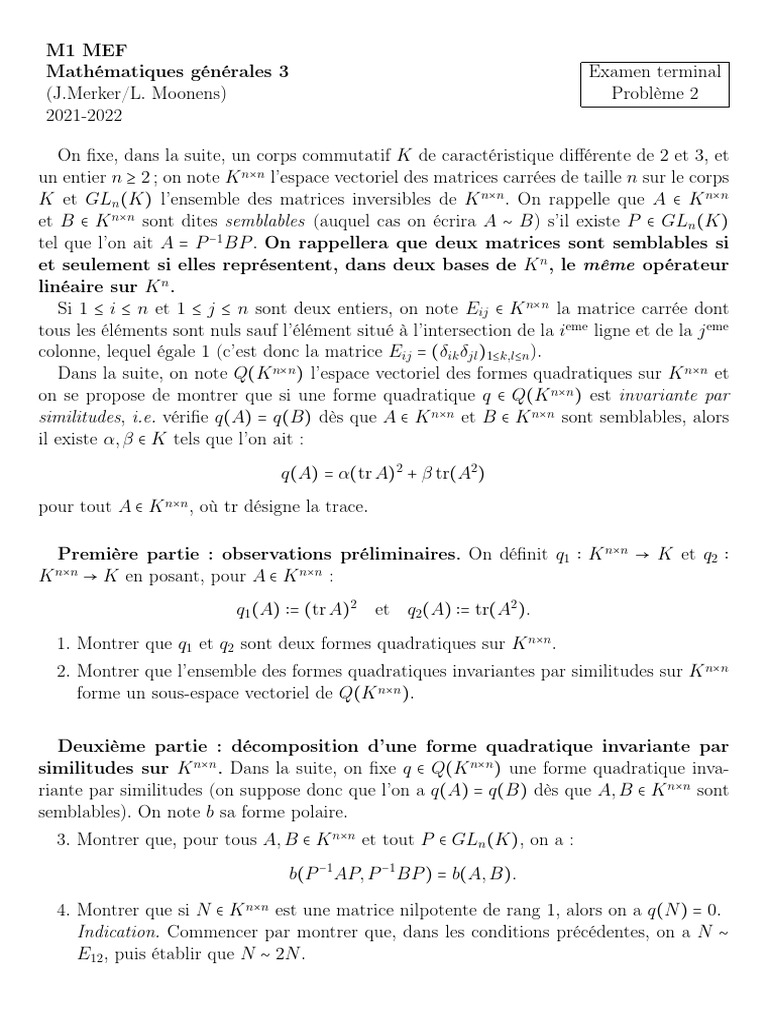 Formes Quadratiques Invariantes sur Matrices | PDF | Matrice ...