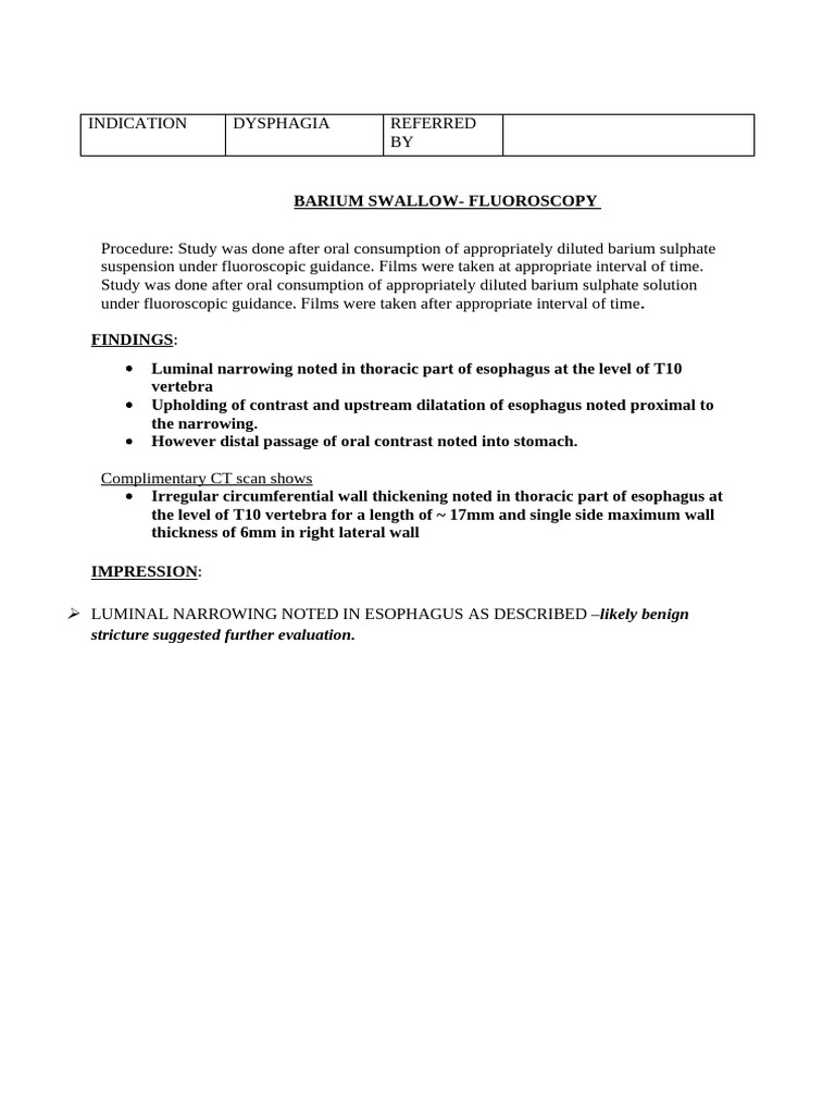 Barium Swallow Benign Stricture | PDF