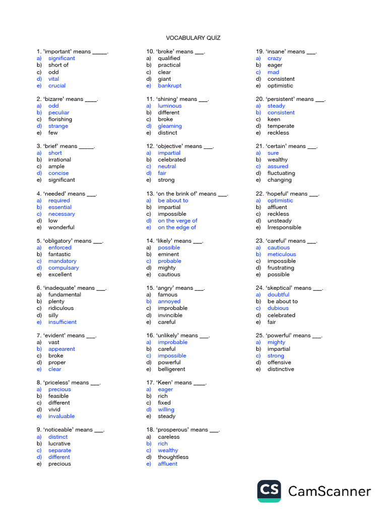 Vocabulary Quiz: Word Meanings Test | PDF