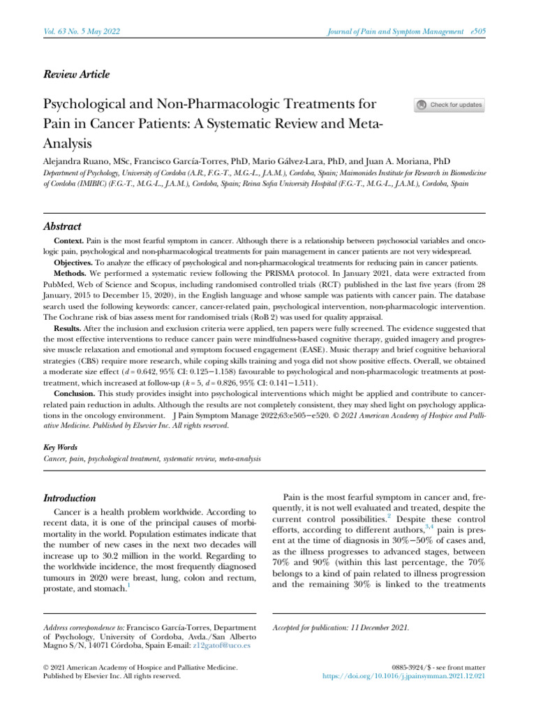 Psychological Treatments for Cancer Pain | PDF | Systematic Review ...