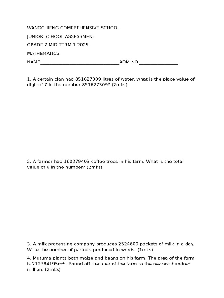 Grade 7 Mid Term 1 Math Assessment | PDF