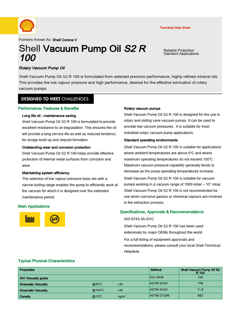 Shell Vacuum Pump Oil S2 R 100: Performance, Features & Benefits | PDF ...