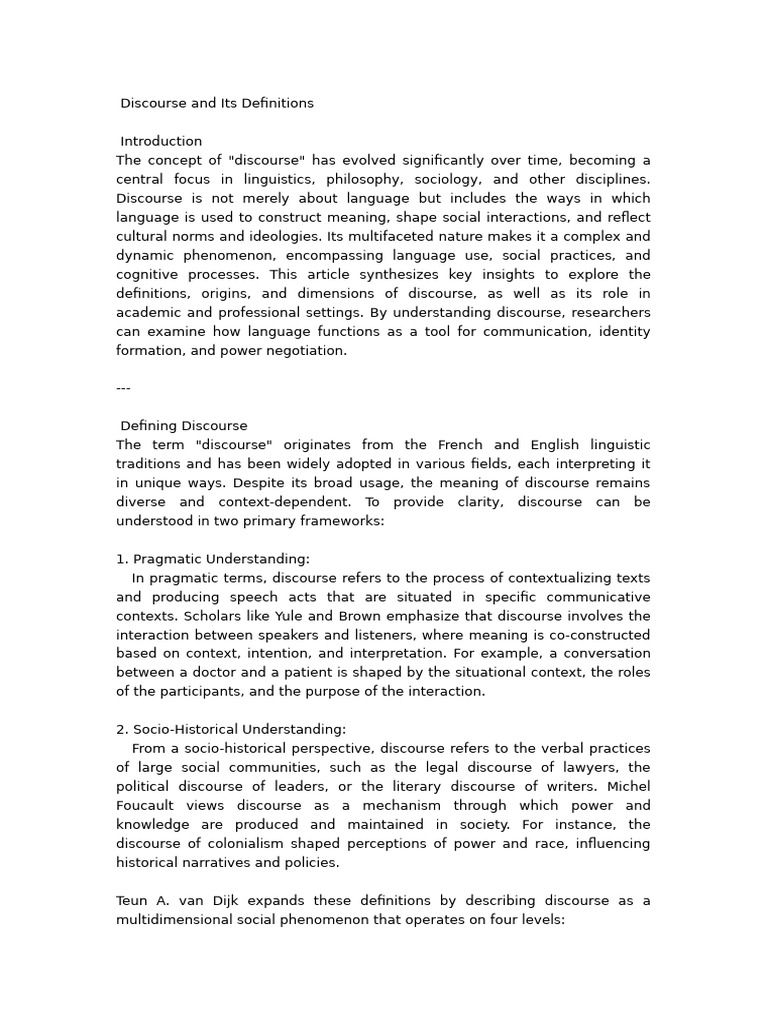 Understanding Discourse: Definitions & Functions | PDF | Discourse ...