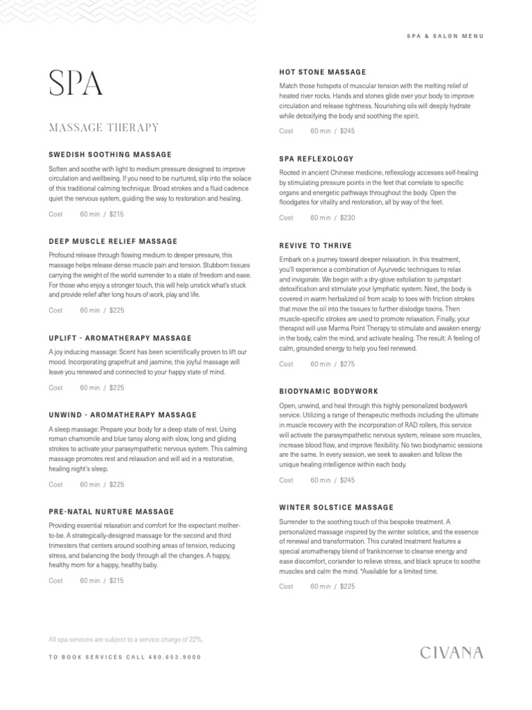 Spa and Massage Therapy Menu | PDF | Massage