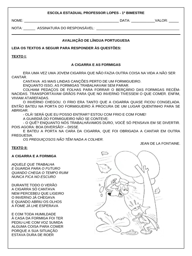 Avaliação de Língua Portuguesa 1º Bimestre | PDF