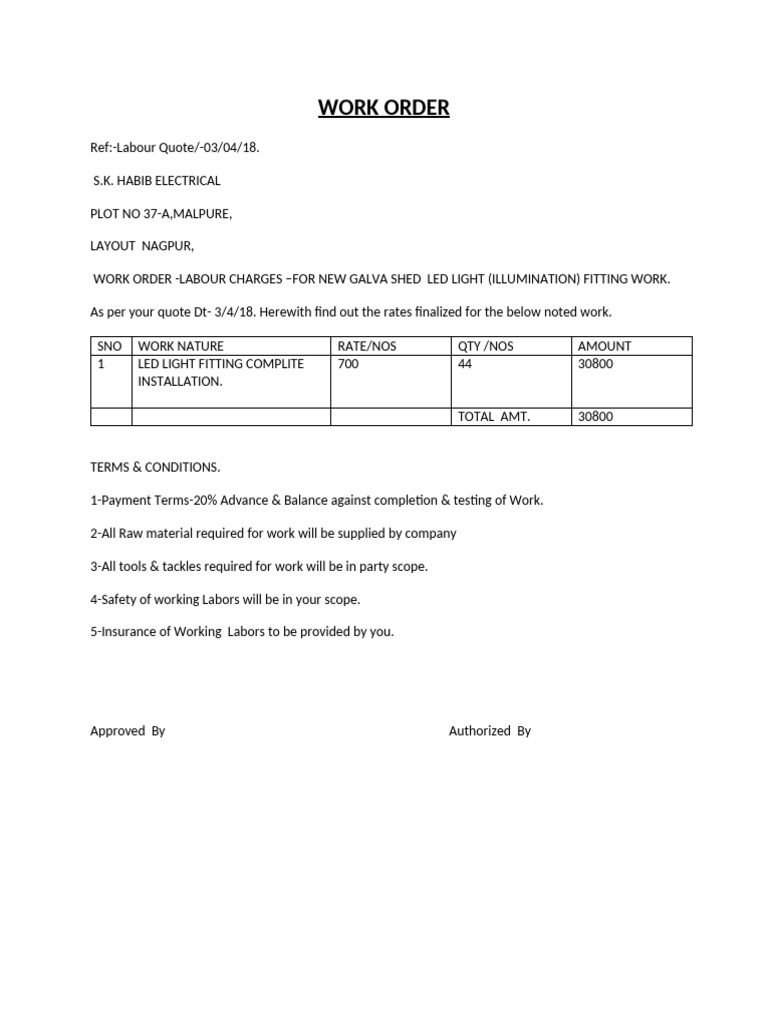 Labour Charges for LED Light Installation | PDF
