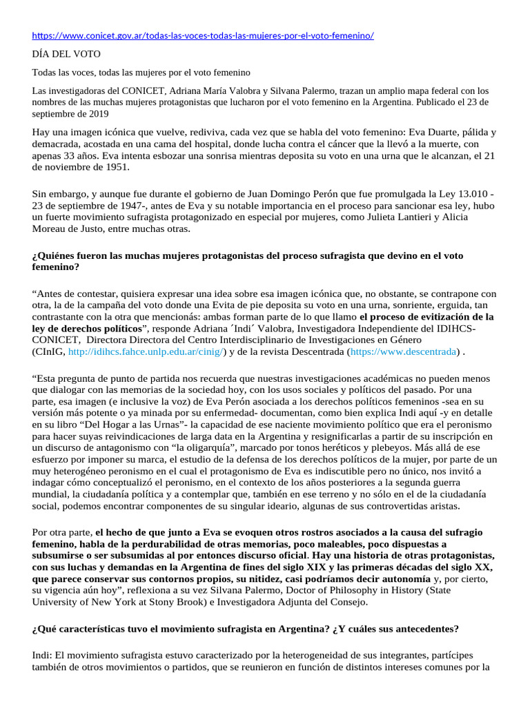 Voto Femenino Conicet | PDF | Sufragio de las mujeres | Feminismo