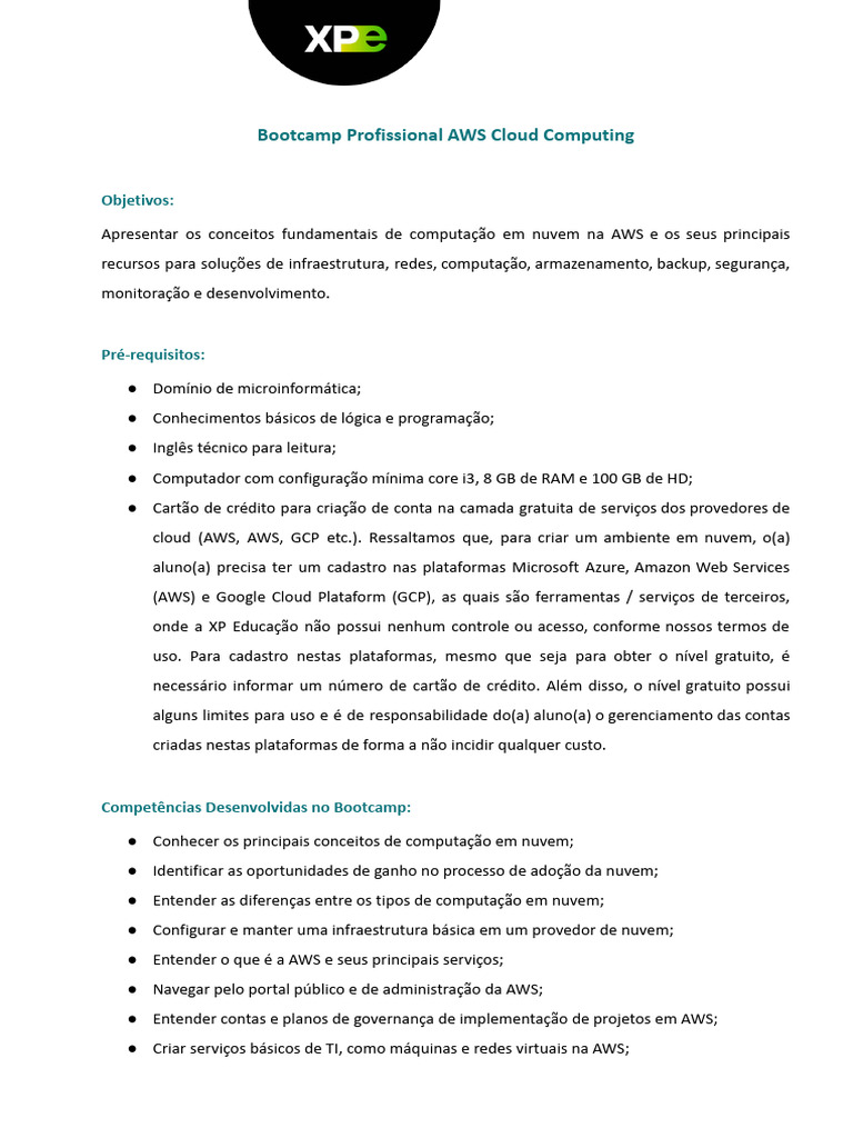 Ementa - Bootcamp Profissional AWS Cloud Computing-1 | PDF | Computação ...