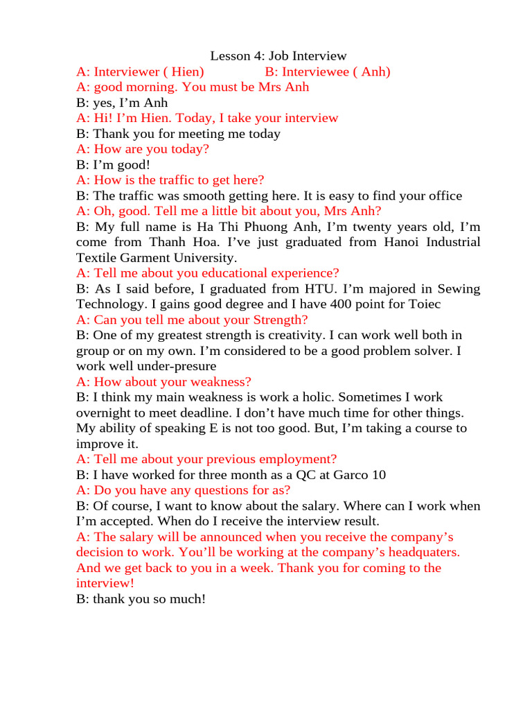 Job Interview Dialogue Example | PDF