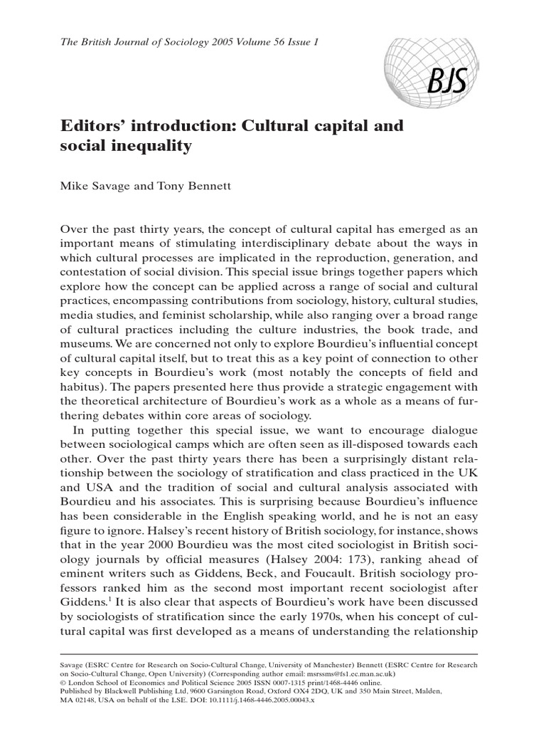 Editors Introduction Cultural Capital An | PDF | Sociology | Gender