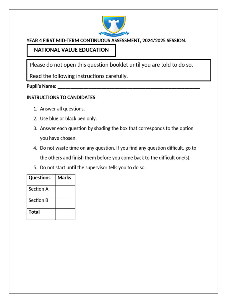 Year 4 Mid-Term Assessment 2024/2025 | PDF