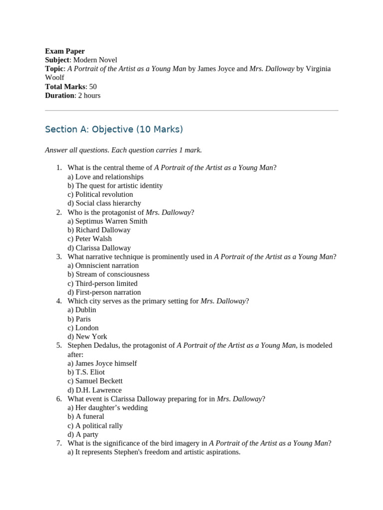 Modern Novel Mastery Test Exam Paper | PDF | Mrs Dalloway | A Portrait ...