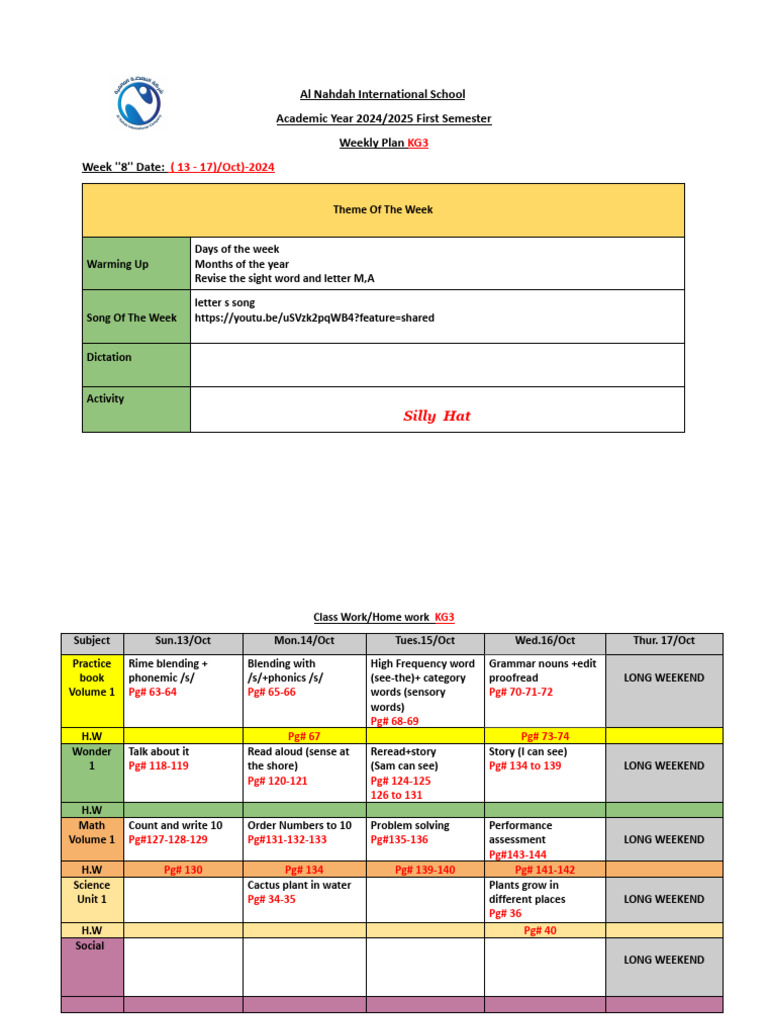 Weekly Plan KG3 Week 8 | PDF