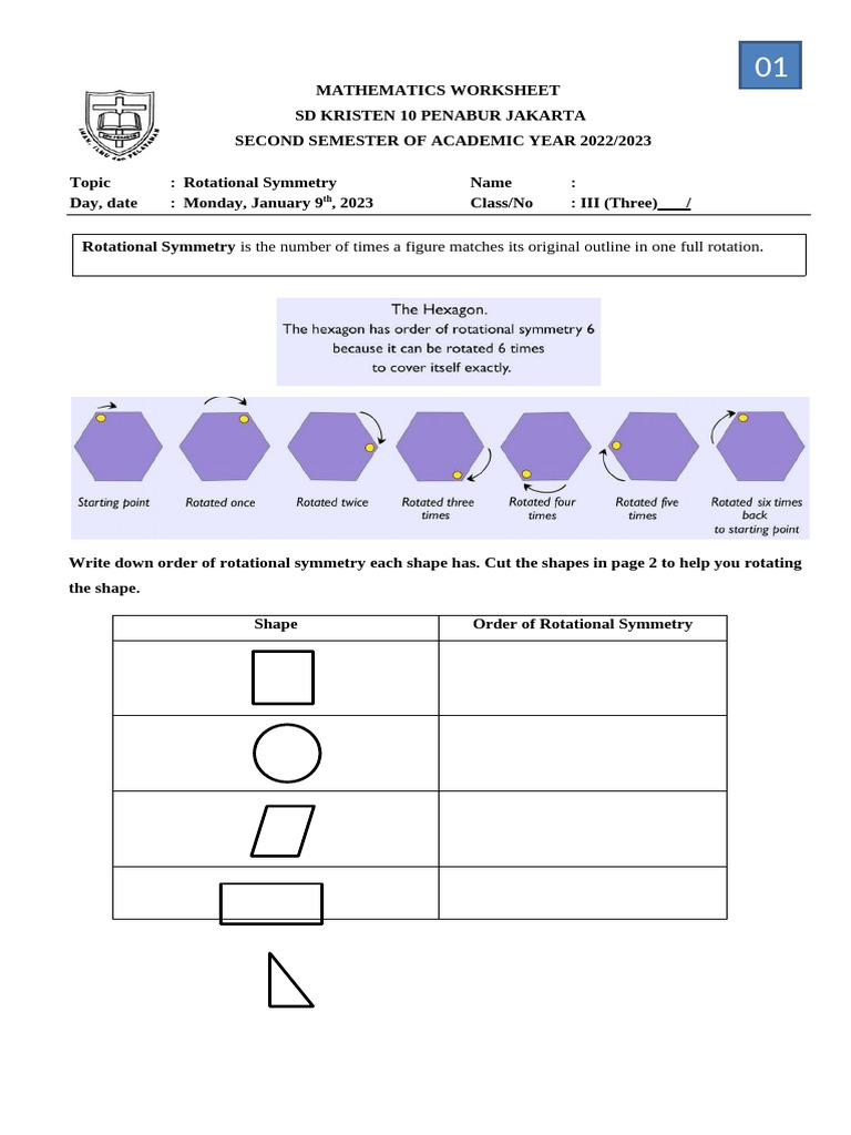 Class 6 Rotational Symmetry Worksheet | PDF