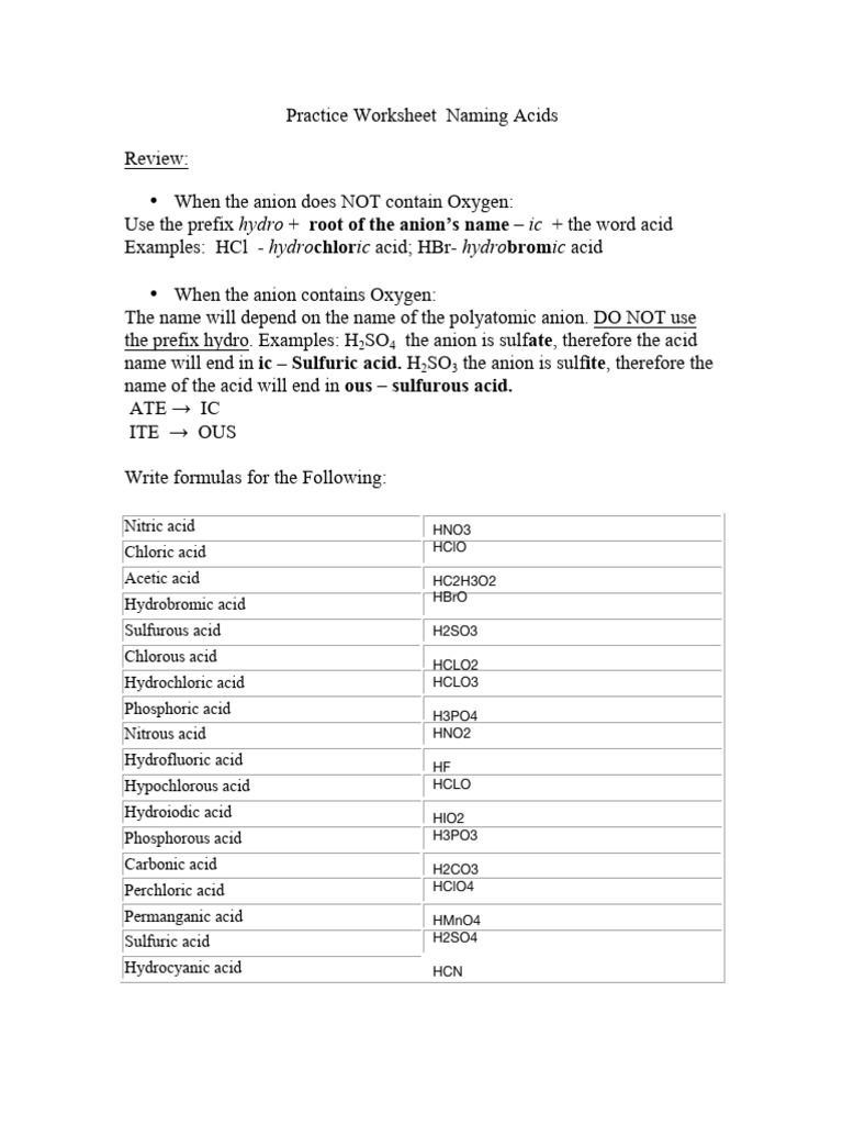 Acid Worksheet 2 PDF