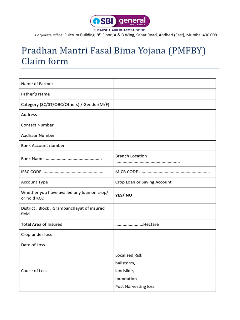PMFBY Claim Form for Farmers | PDF