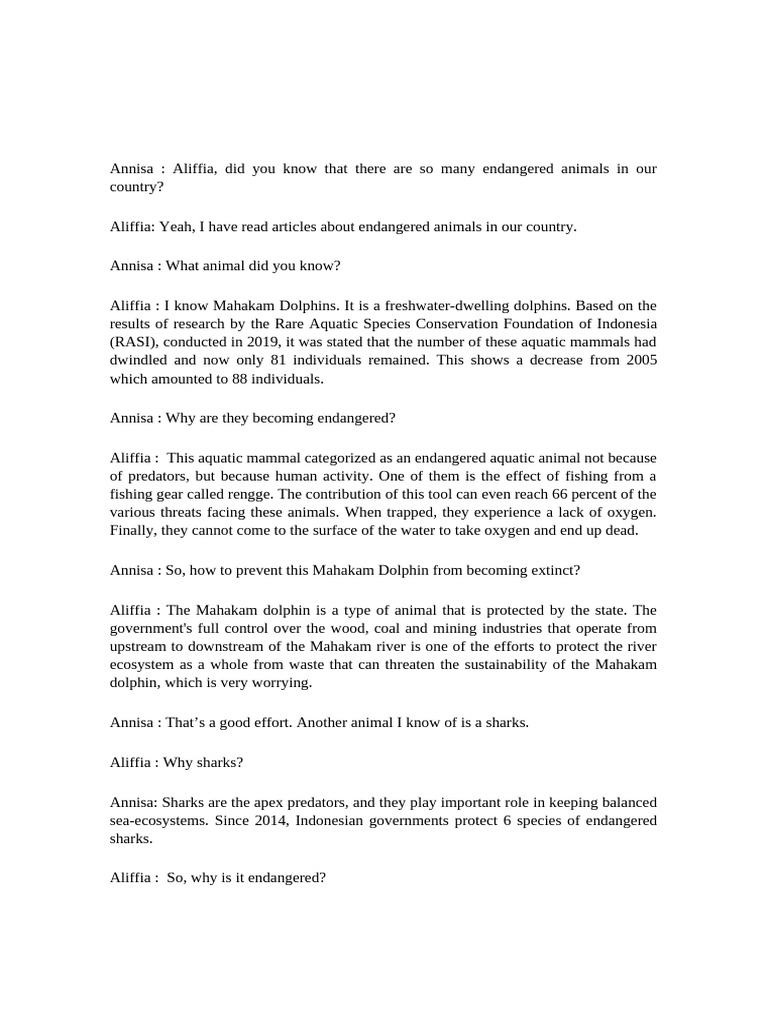 Dialogue About Endangered Animals | PDF | Sharks | Endangered Species