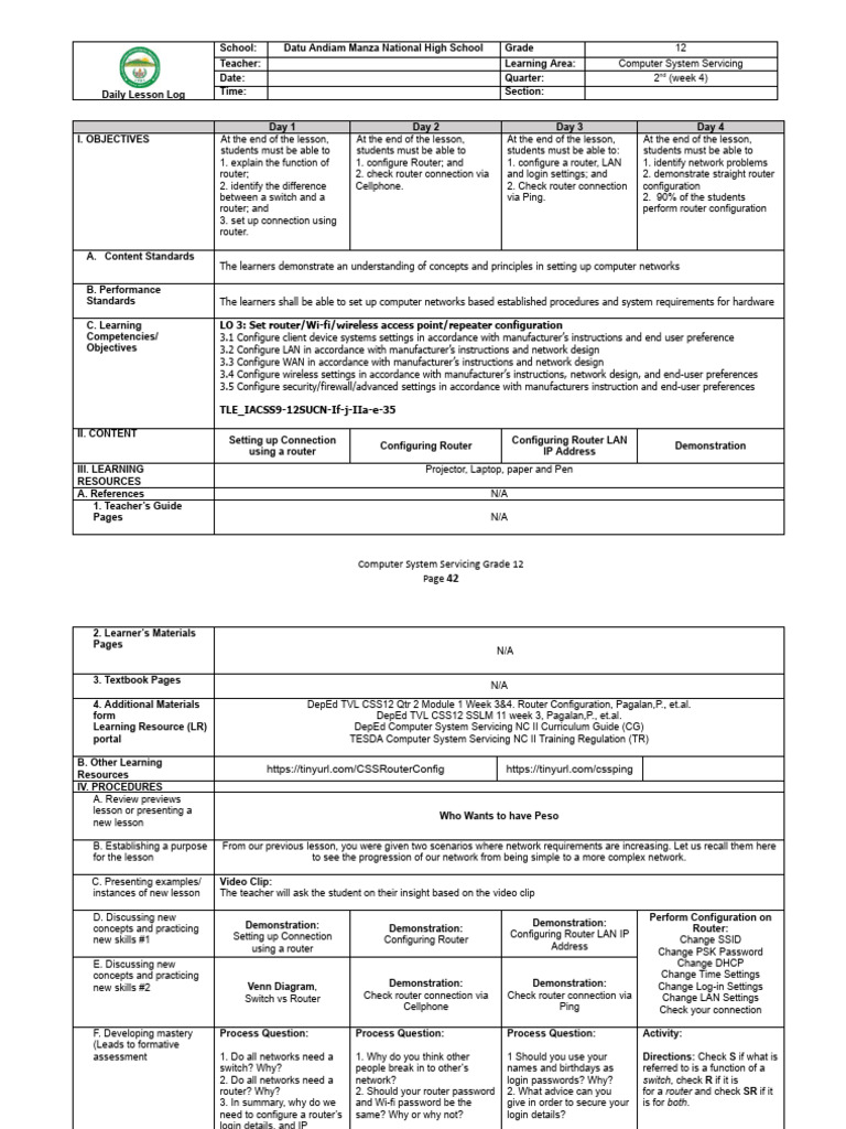 Router Configuration Lesson Plan | PDF | Computer Network | Router ...