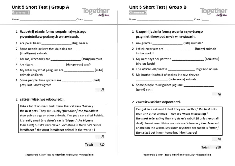 Unit 5 Short Test for Class 5 | PDF | Animals And Humans | Zoology