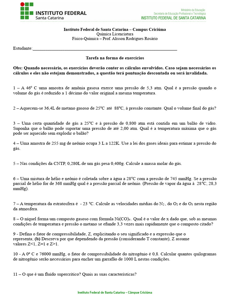 Exercícios de Físico-Química para Estudantes | PDF | Gases | Entalpia