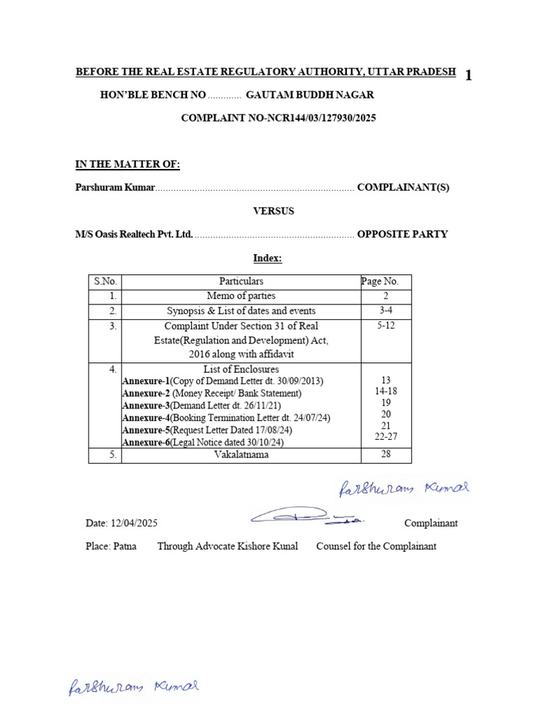RERA Complaint Against Oasis Realtech | PDF | Justice | Crime & Violence