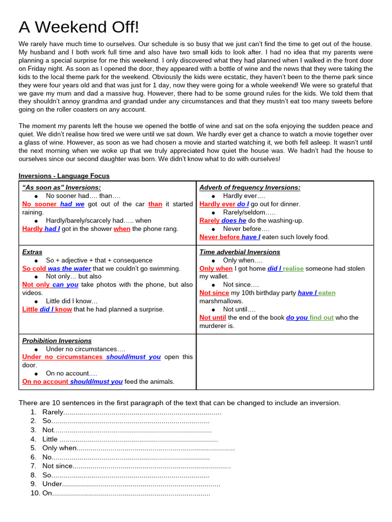A Weekend Off Student Handout | PDF | Babysitting | Linguistics