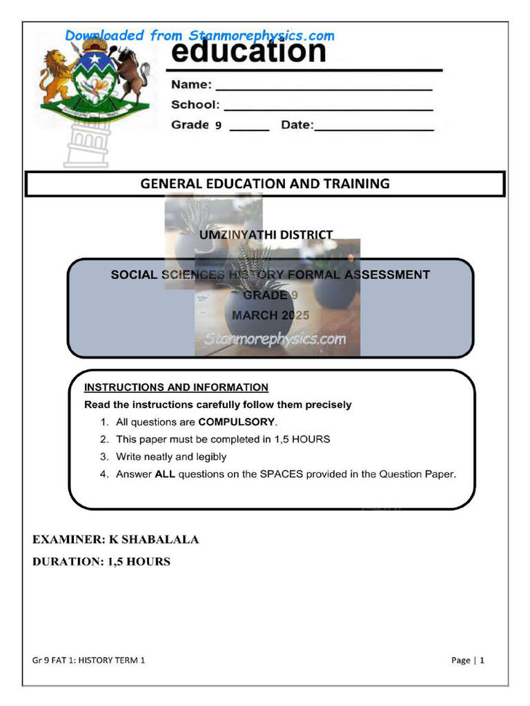 KZN Umzinyathi History Grade 9 March 2025 QP and Memo | PDF