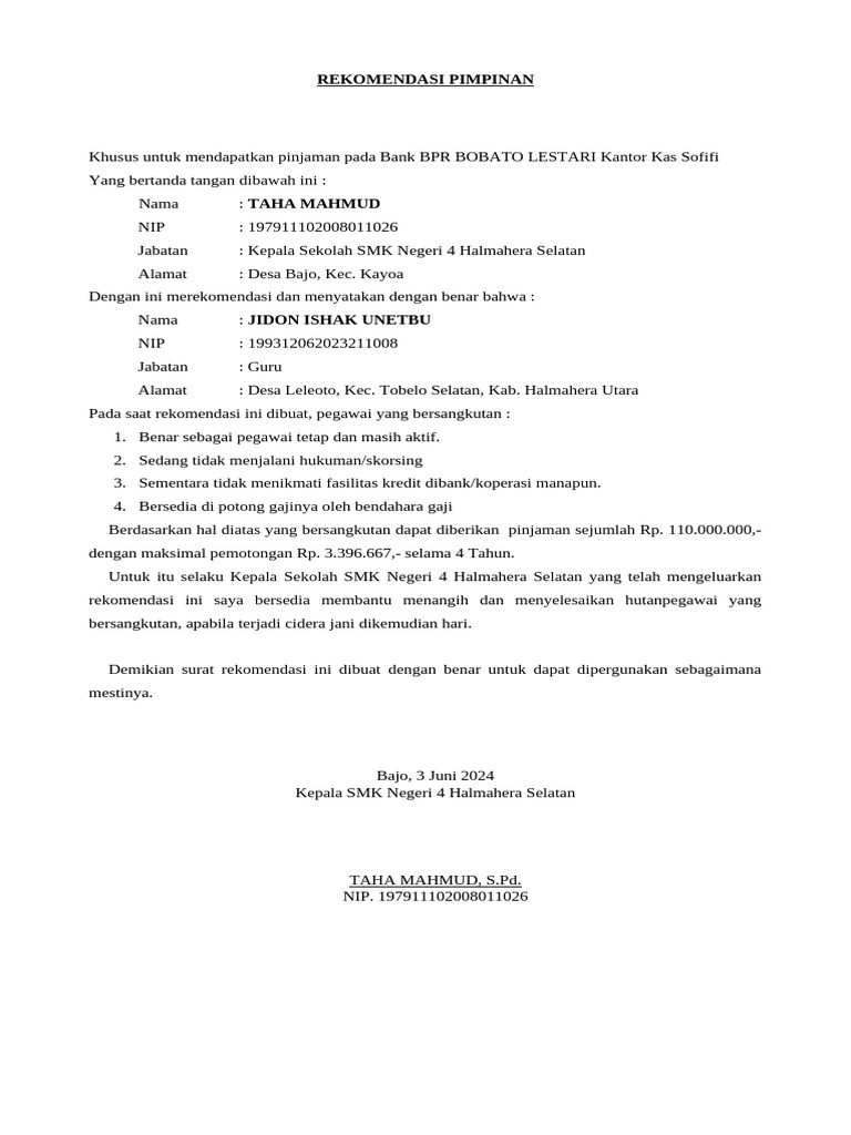 Rekomendasi Pinjaman BPR BOBATO LESTARI | PDF