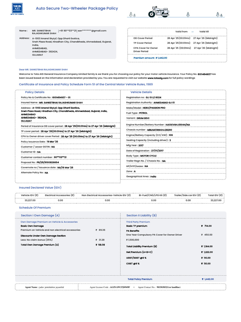 Sanket Bike Tata AIG Policy | PDF | Insurance | Receipt