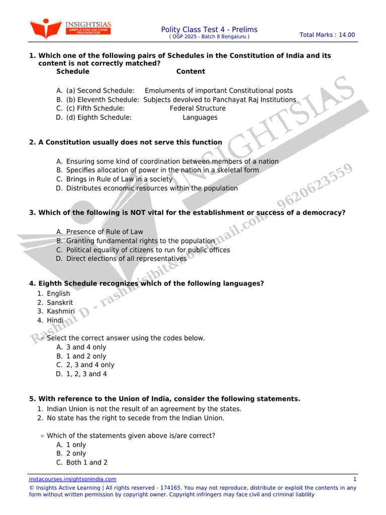 Polity Class Test 4 - Prelims-13-Apr-25 20-12-53 | PDF | British Raj ...