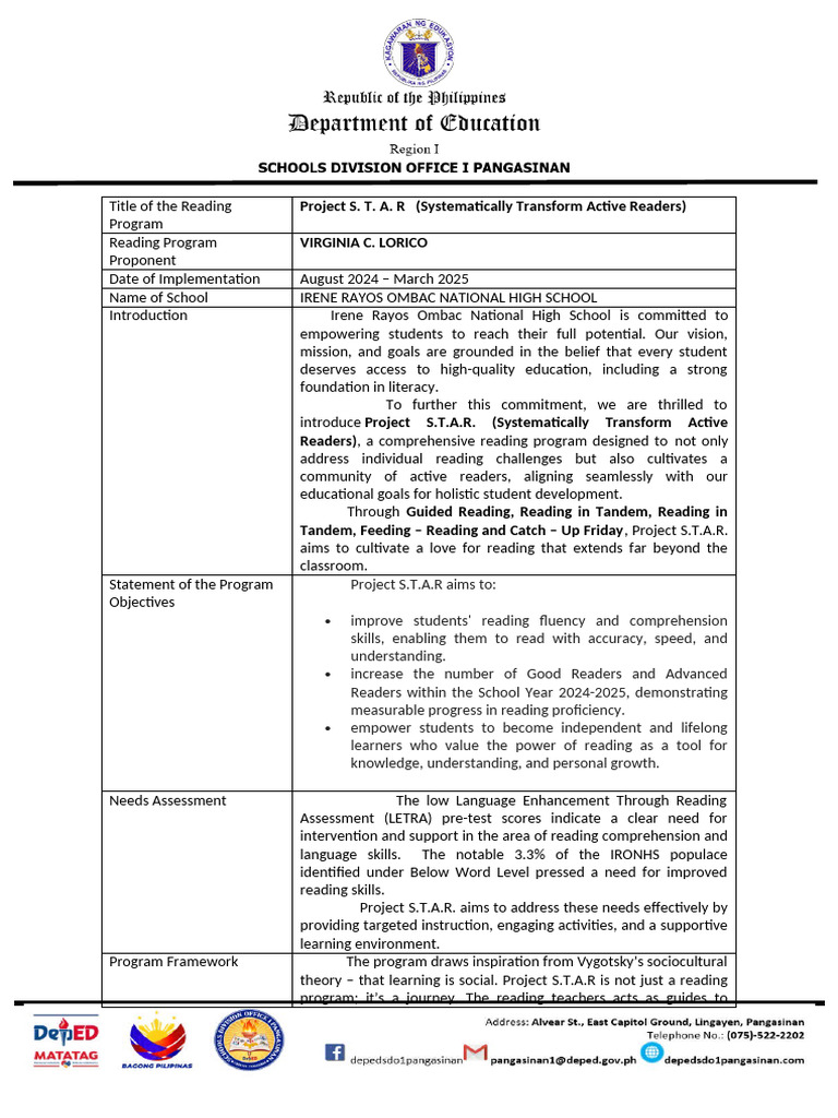 Project S.T.A.R: Reading Program Proposal | PDF | Reading Comprehension ...
