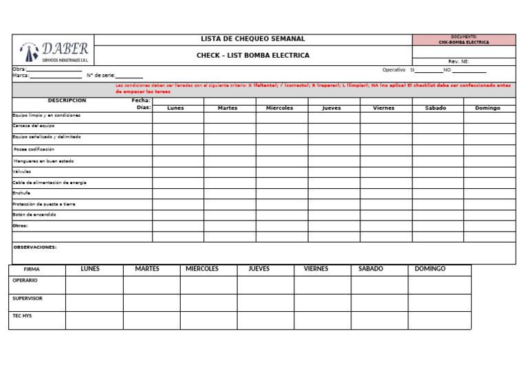 Checklist Semanal para Bomba Eléctrica | PDF