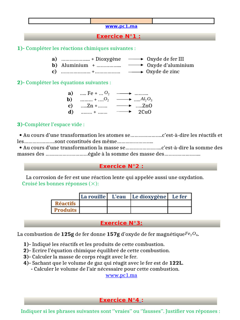 Exercices sur les réactions chimiques et la corrosion | PDF | Fer ...