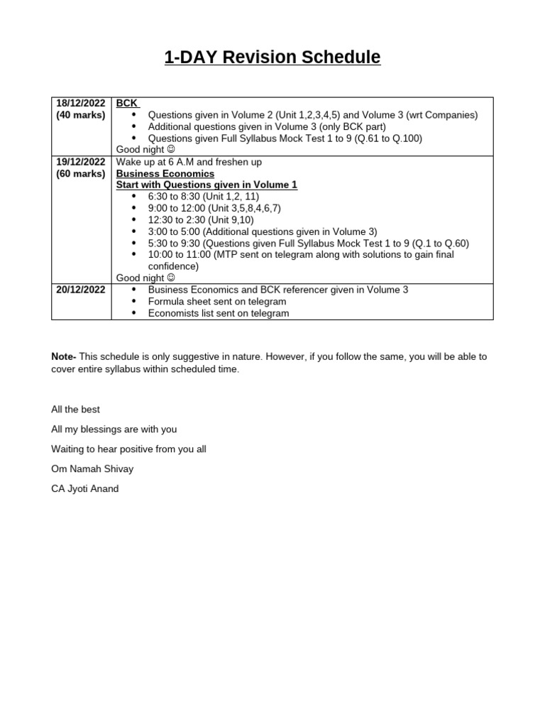 1-Day Study Schedule for Business Economics | PDF