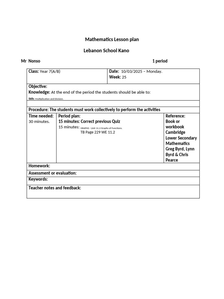 Year 7 Mathematics Lesson Plan | PDF | Integer | Mathematics