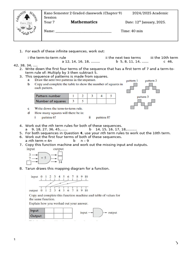 Infinite Sequences and Patterns Worksheet | PDF