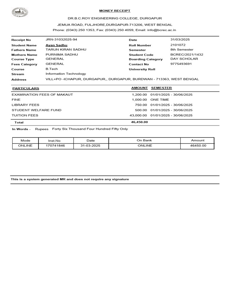 BCREC Fee Payment Receipt 2025 | PDF