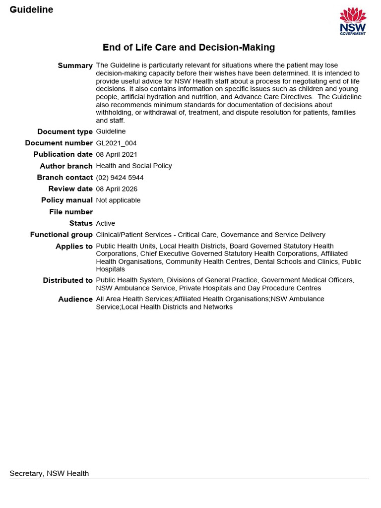 NSW Health End of Life Care Guidelines | PDF | End Of Life Care ...