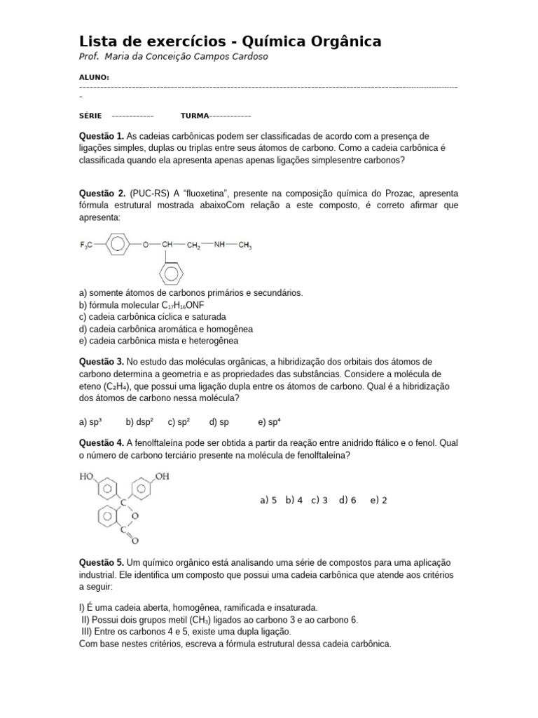 Exercícios de Química Orgânica para Estudantes | PDF | Carbono | Moléculas