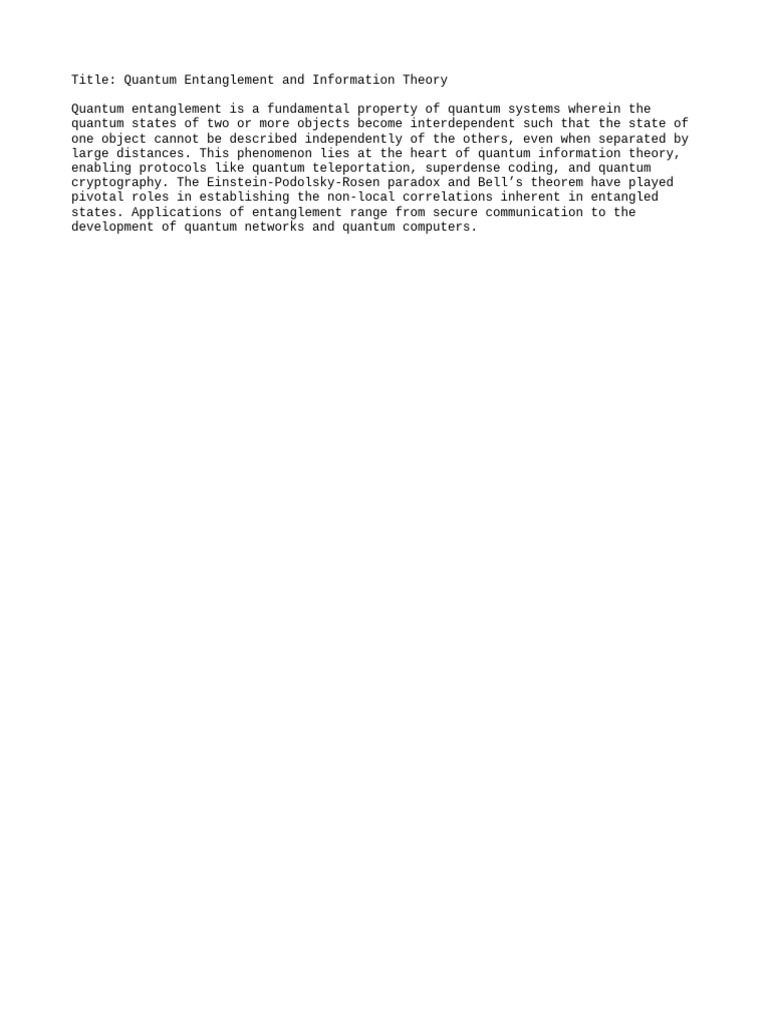 Quantum Entanglement in Information Theory | PDF