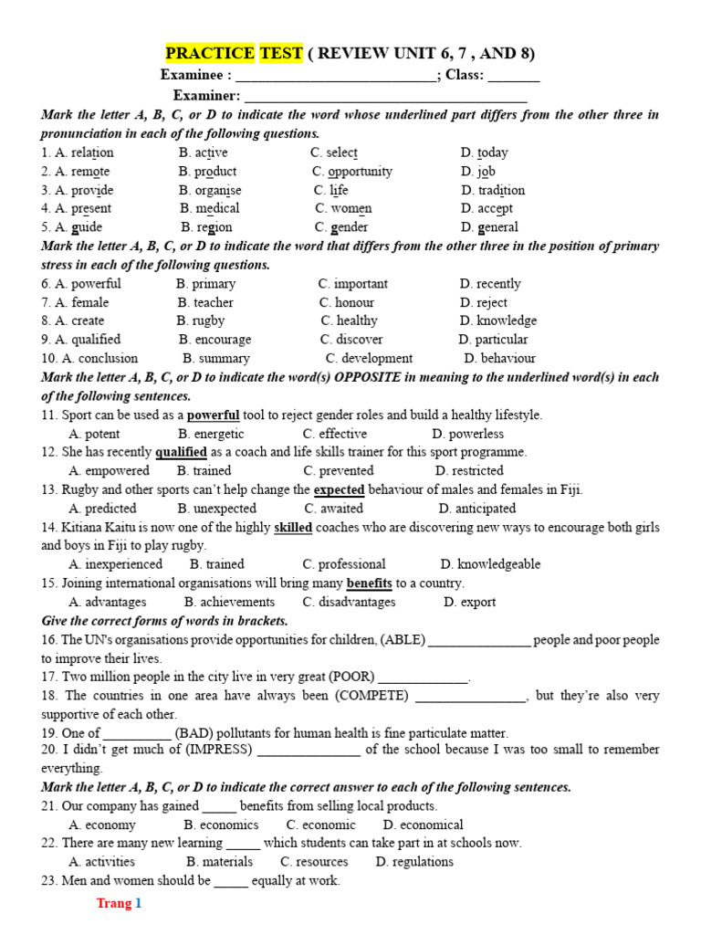 PRACTICE TEST Review U6-8 Grade 10 | PDF | Educational Technology ...