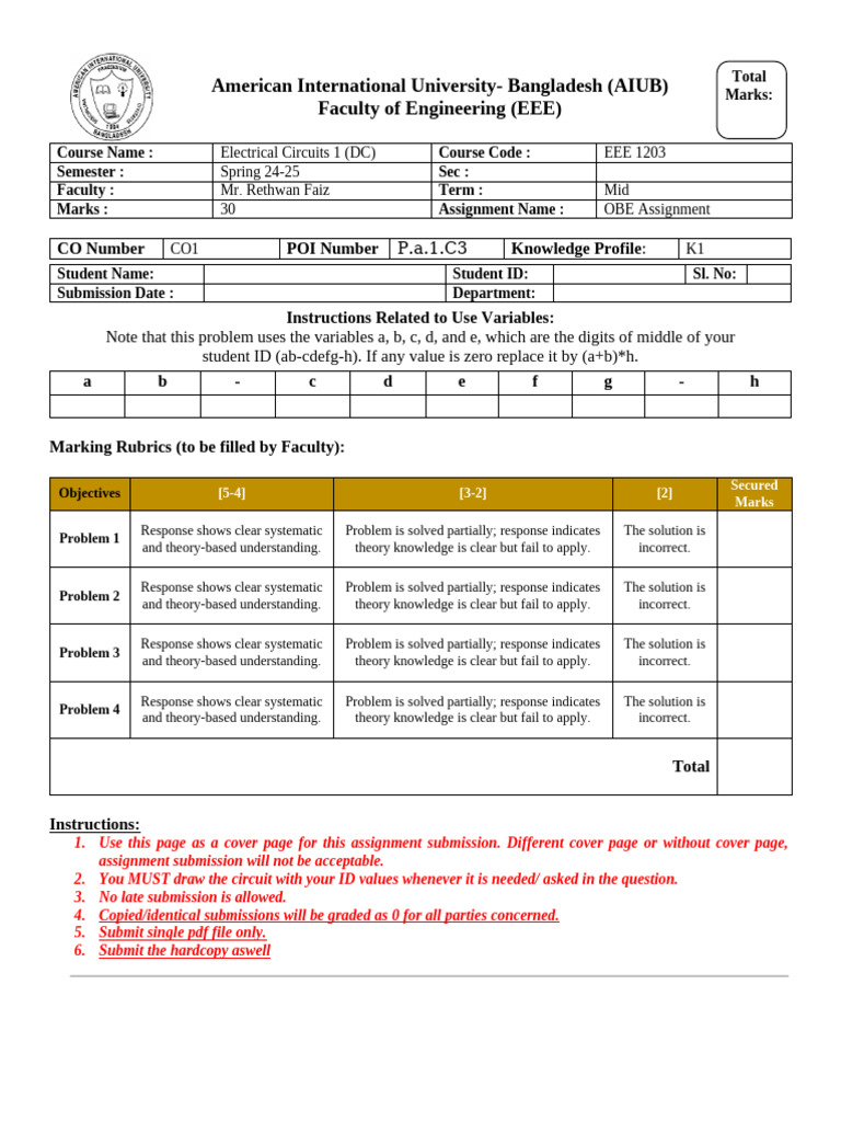 AIUB Electrical Circuits 1 Assignment | PDF | Switch | Electricity