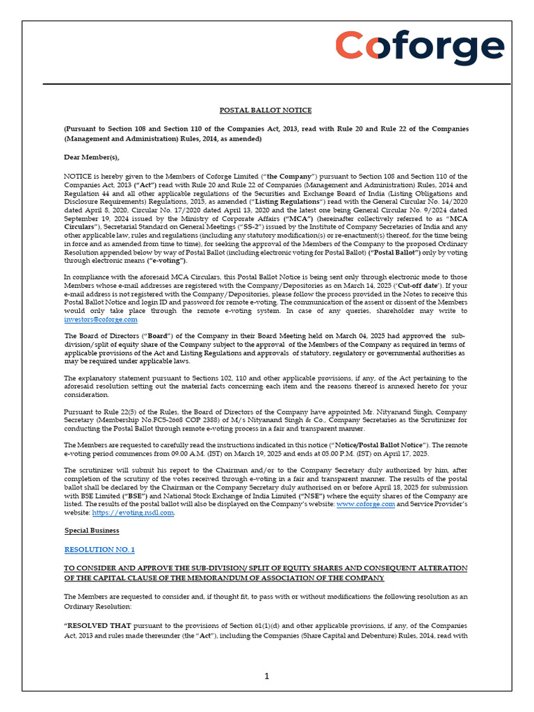 Coforge Limited Postal Ballot Notice 2025 | PDF | Login | Electronic Voting