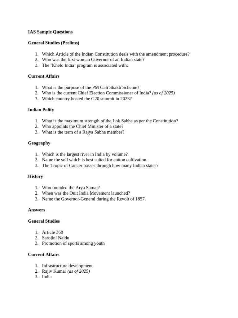 IAS Prelims Sample Questions & Answers | PDF