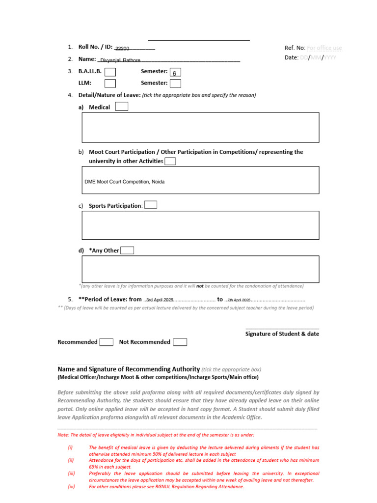 RGNUL Student Leave Application Form | PDF | Justice | Crime & Violence